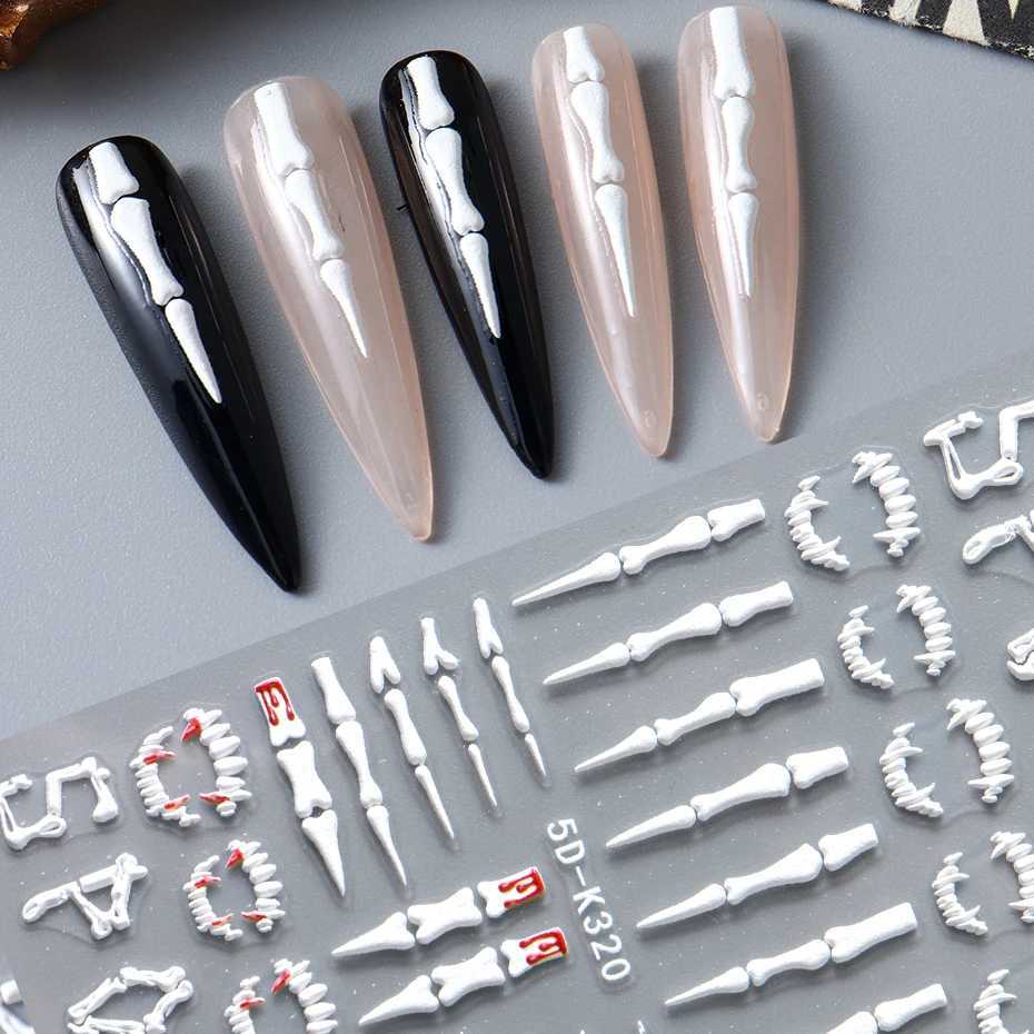 5D Halloween Nail Stickers White Bones Design Spooky Ghost Pumpkin Sliders for Nails Glitter Heart Spider Web Manicure DecalsXJ240814