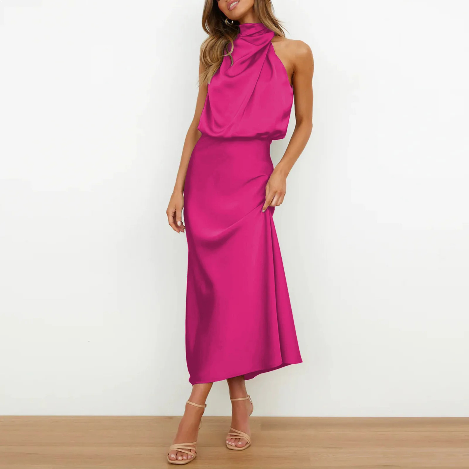 Women Halter Satin Silk Dresses Summer Sexy Champagne Green Evening Party Elegant Maxi Dresses For Women Formal Occasion Dresses 240815