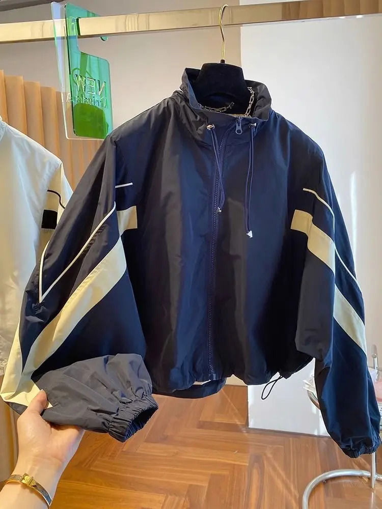 design feeling loose and casual drawstring stand up collar jacket for womens spring autumn thin short baseball fashion 240814