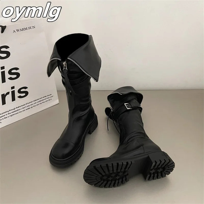 Autumn Knee Boots Womens Belt Buckle Thick Bottom Motorcycle Rider Boots Long Sleeve Fashion Boots 240821