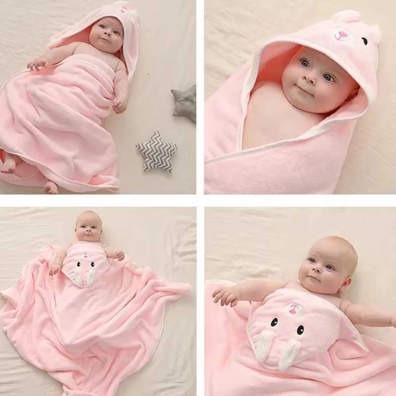 Newborn Kids Bathrobe Solid Color Cartoon Coral Fleece Super Soft 80cm Toddler Baby Hooded Bath Towel Bathrobe Swaddle Blanket Y240815
