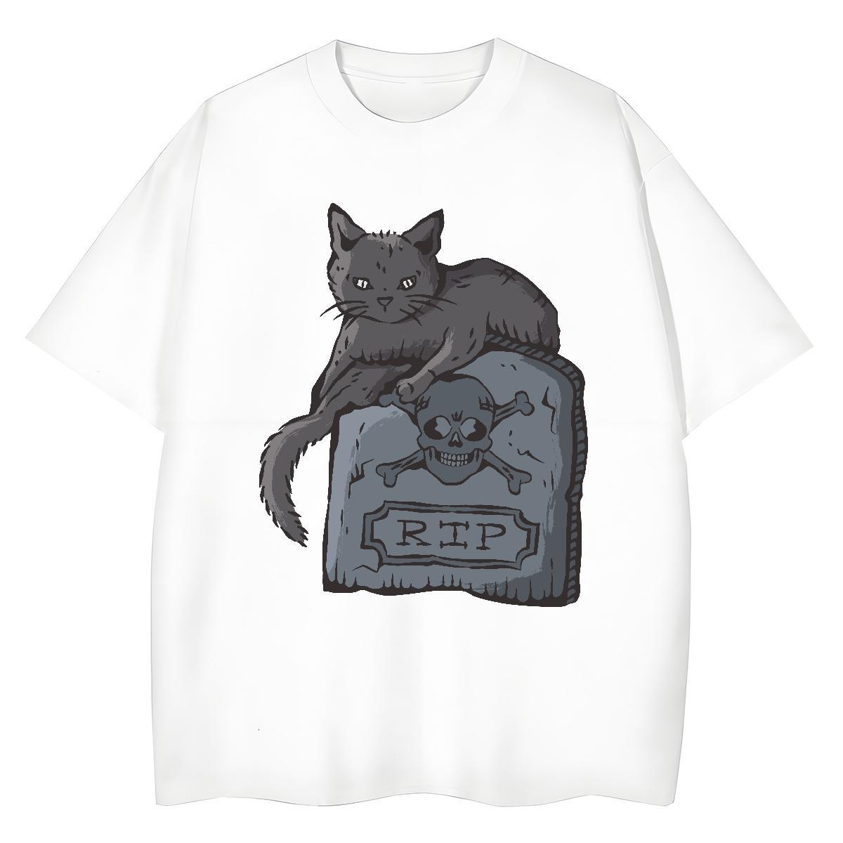 Unisex Mens T Shirts cat Crew Neck Breathable Street Casual Anime 230g Cotton Men Tops Tees 2024 Summer Tops Shirt