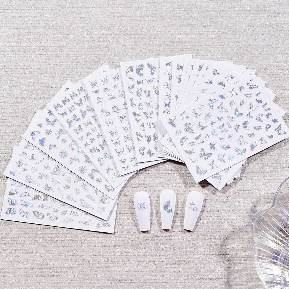 16 Sheets Silver 3D Nail Art Adhesive Sticker Laser Hollow Fly Butterfly Shapes Nail Art Decal Decorations Different Shape SheetXJ240814