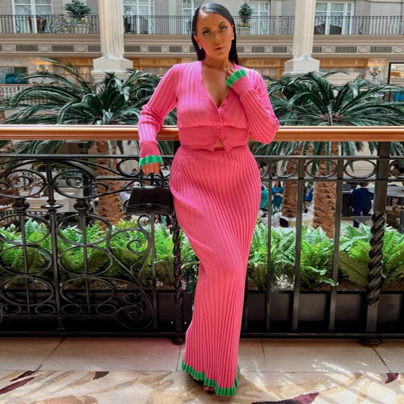 Knit Two Piece Set For Women Long Sleeve Cardigan Sweater And Maxi Skirt Sets Elegant Ruffle Birthday Party Night Club Outfit 240815