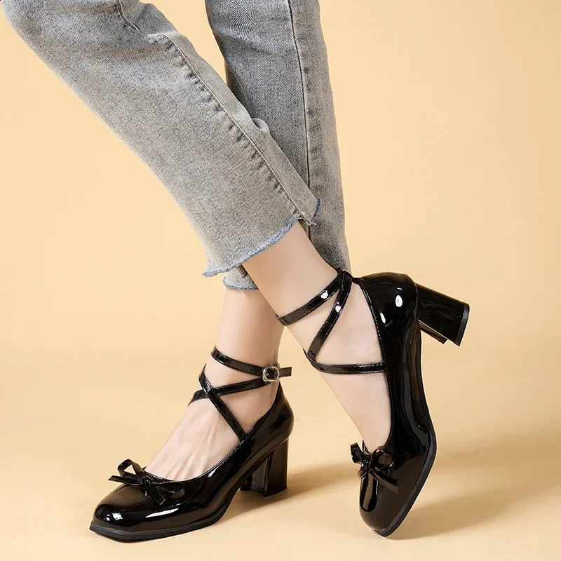 Black Retro Cross-Tie Pumps Casual Summer Round Toe Shoes Ladies Sweet Fashion Shoes Woman Bow Design 240809