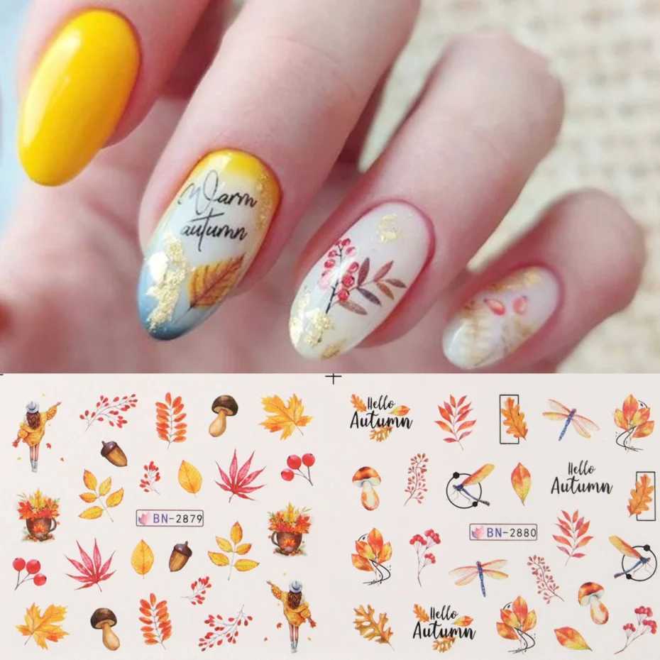 12pc Fall Leaves Nail Water Stickers Set Cute Pumpkin Mushroom Nail Foils Decals Watermark Transfer Slider Autumn Manicure DecorXJ240814