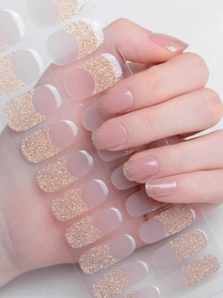 16Tips Semi Cured Gel Nail Wraps Golden Glitter French Phototherapy Lamp UV DIY Gel Patch-Includes Nail File Wooden StickXJ240814