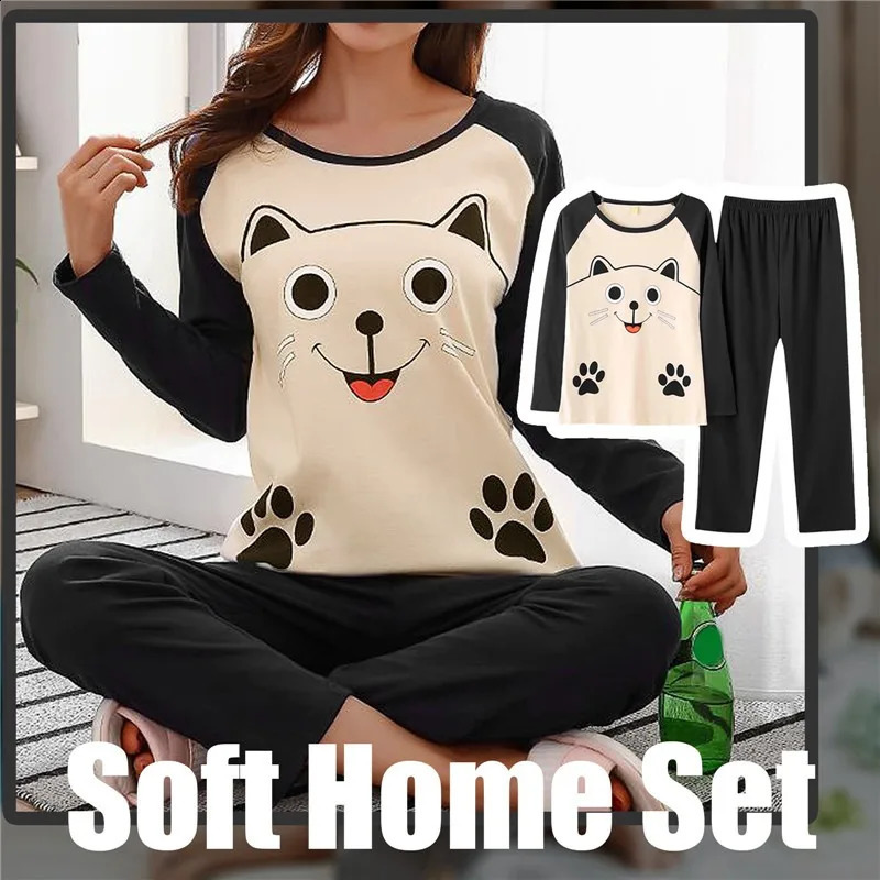 Womens Cotton Pajamas Big Size Sleepwear Sets Woman 2 Pieces Spring Autumn Female Couples Loungewear Suit Home Clothes 240815