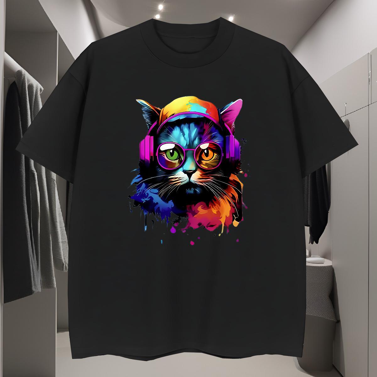 T shirt 230g Pure Cotton colorful cat Summer Casual Breathable Soft Black Oversized Men Tops Tees Factory Direct Loose Tops Shirt