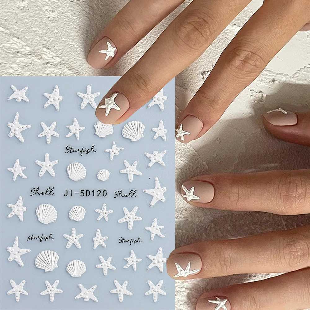 5D Embossed Summer Ocean Nail Stickers White Blue Starfish Shells Letter Sea World Design Self-Adhesive Manicure Deco GLJI-5D120XJ240814