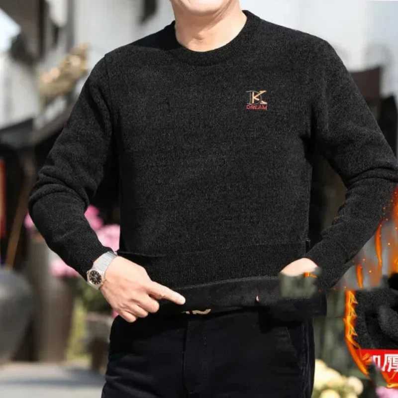 Simplicity Autumn Winter Mens Sweaters Plus Velvet Mock Neck Letter PrintScrew Thread Fashion Casual Long Sleeve Pullove TopsXJ240814
