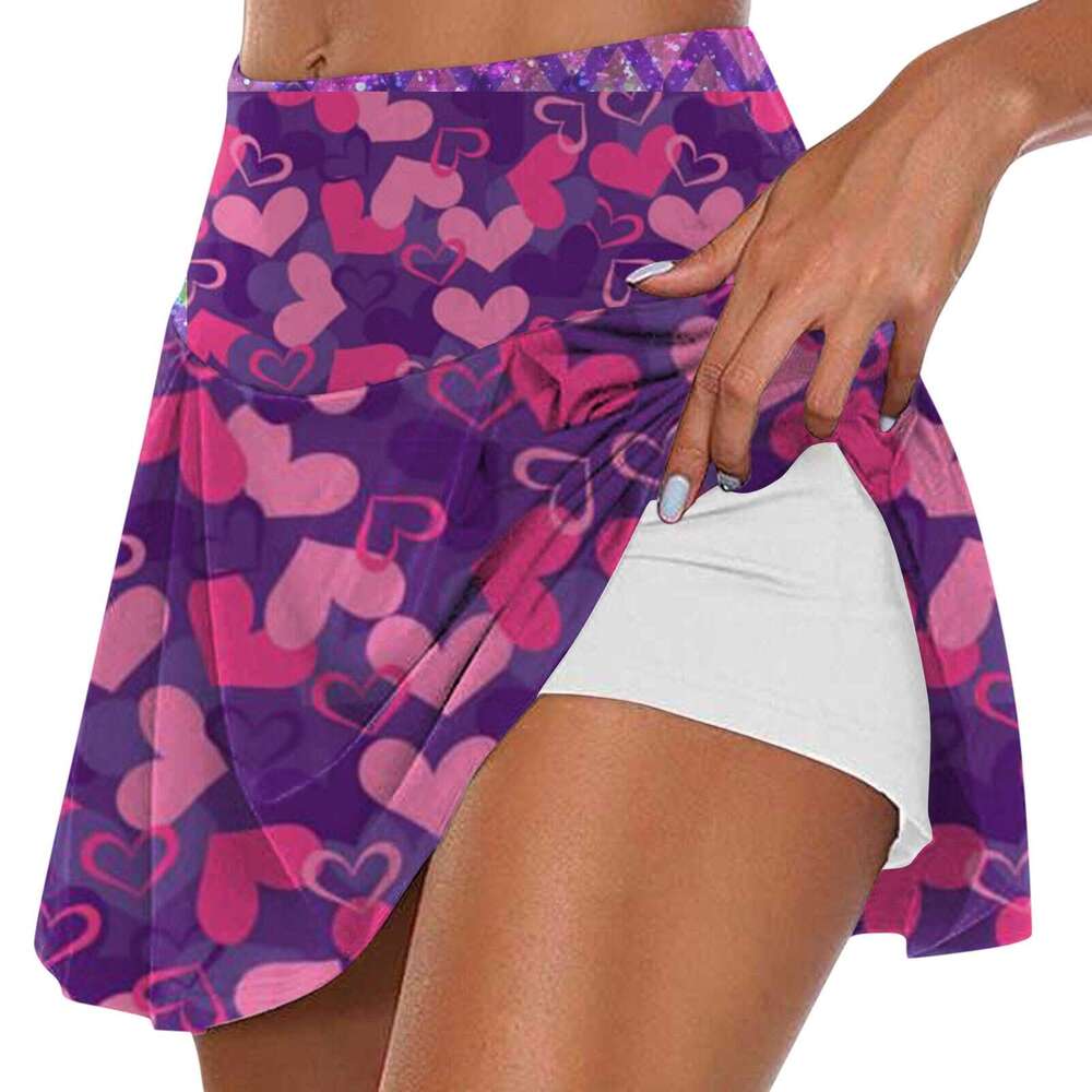 Sports Women Jogging Fiess Tennis Skorts Golf Pleated Valentine's Day Print Workout Elastic Half Skirt