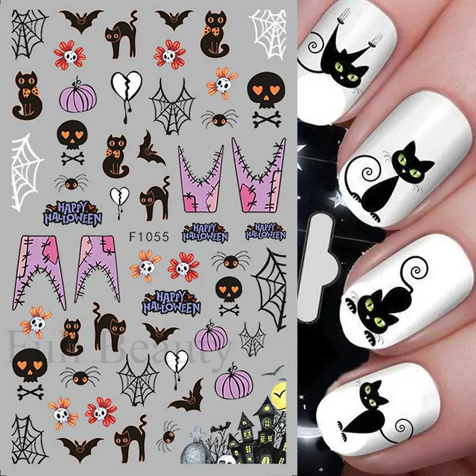 3D Halloween Skull Pumpkin Nail Art Stickers Black Cat Ghost Spider Web Design Nail Adhesive Decals Tattoo Decorations ManicureXJ240814