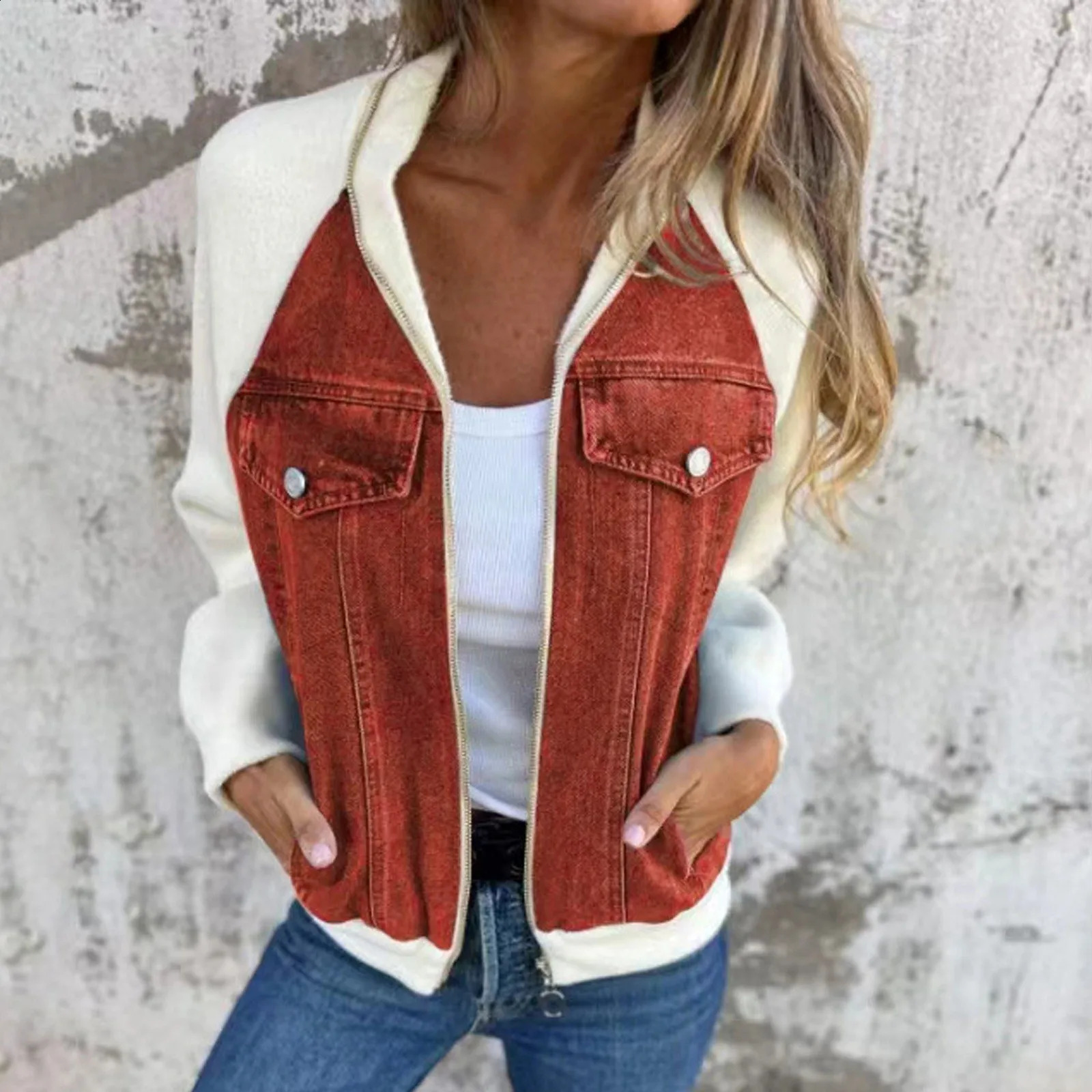 Women Autumn Winter Fashion Denim Jacket Patchwork Cropped Jacket Casual Wipe Shoulder Sleeve Jacket American Retro Loose Jacket 240814