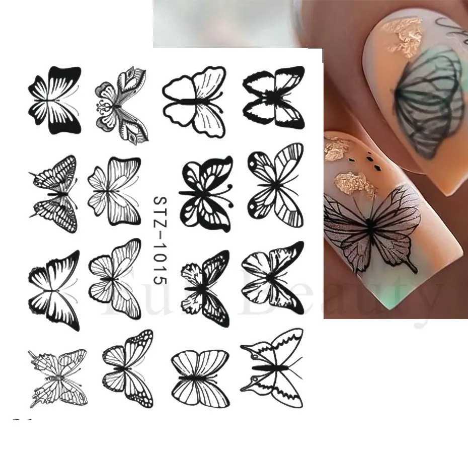 4 PC/Sheet Spring Black Leaf Flower Water Decals Simple Nail Decor Sticker Butterfly Green Palm Design Nail Art Watermark LAI-24XJ240814