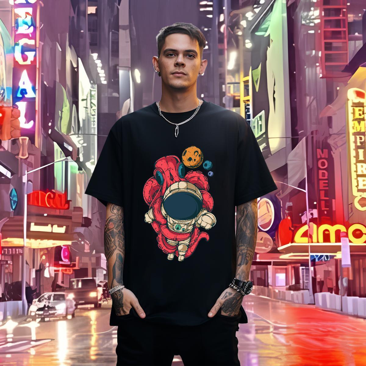 Men T Shirts 230g 100% Cotton cosmonaut Summer Casual Breathable Short Sleeve Oversized Couples T Shirts Customized Loose Top Tees