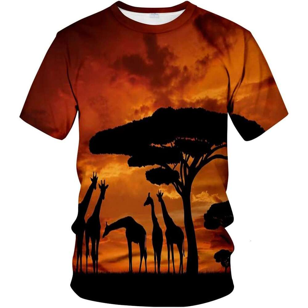 Mens T shirt 3D Novelty T-Shirt safari Animal Giraffe Crew with Mestic Tree at Sunrise in Kenya shirts tshirt graphic tee Casual tops summer clothes S