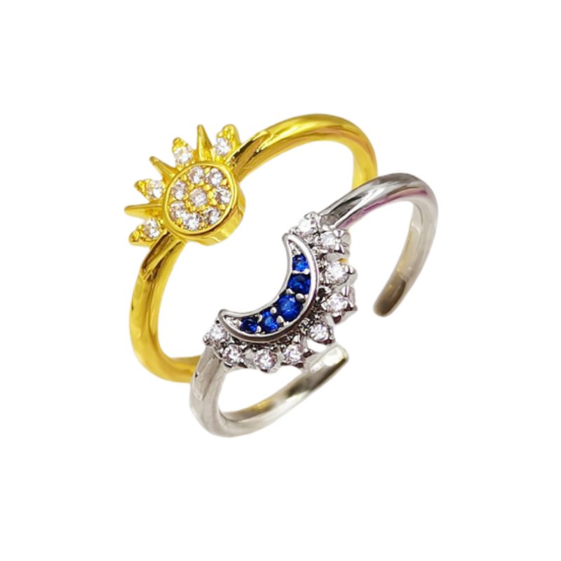 Designer ring cross-border burst paragraph Europe and the United States hot sale simple shiny sun moon blue diamond stacked celestial couple open ring