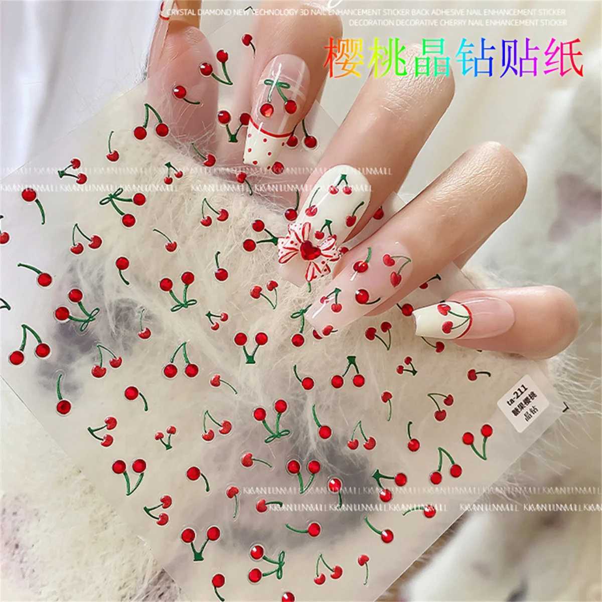 1pcs 5D Luxury Red Pink Yellow Cherry Nail Art Stickers Sweet Kawaii Fruit Nail Decoration Decals Adhesive Transfer Slider DIYXJ240814