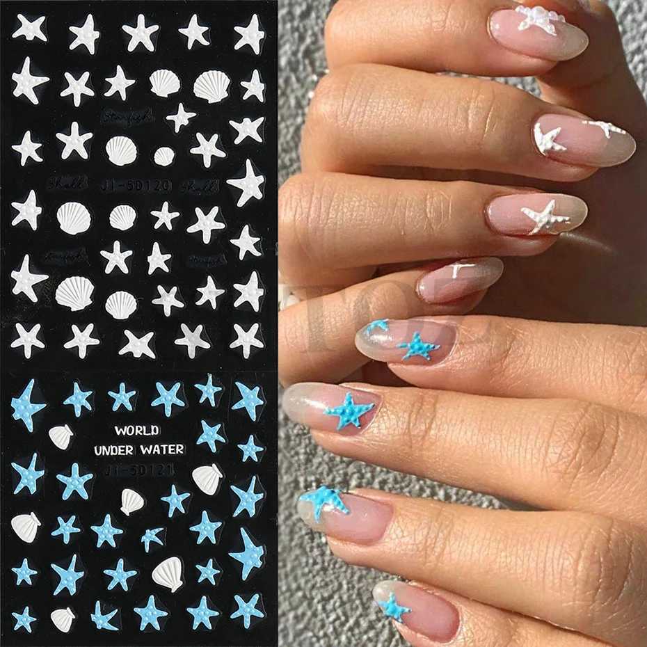 Summer Starfish 5D Embossed Nails Stickers Ocean Sea Shells Blue White Relief Marine Sea Stars Design Manicure Ornaments #JI-5DXJ240814