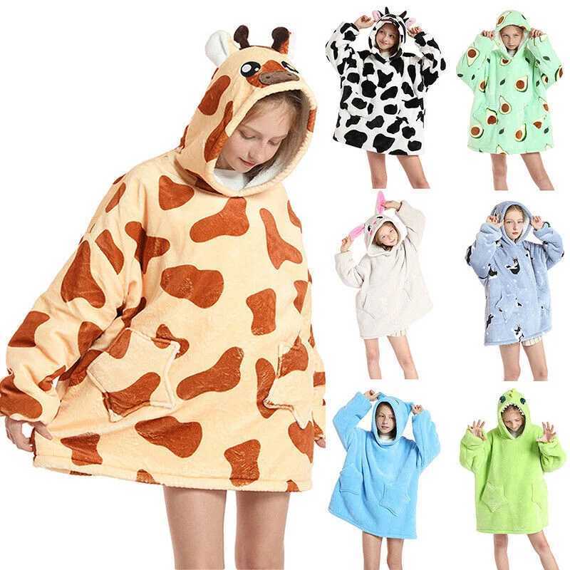 Winter Sherpa TV Blanket Kids Soft Plush Sweatshirt Hoodie Children Warm Flannel Hooded Animal Giant Blankets Pullover Pajamas Y240815