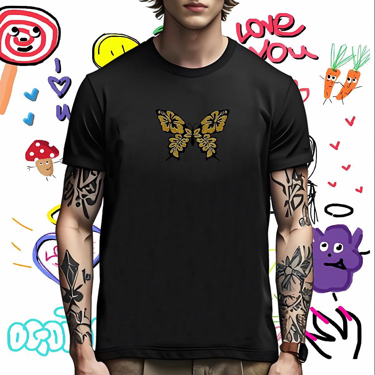 Cool T-Shirts for Men Butterfly Short Sleeve O-Neck Sport Custom Printed 230g 100% Cotton Men Clothes T-Shirt Classic Polos