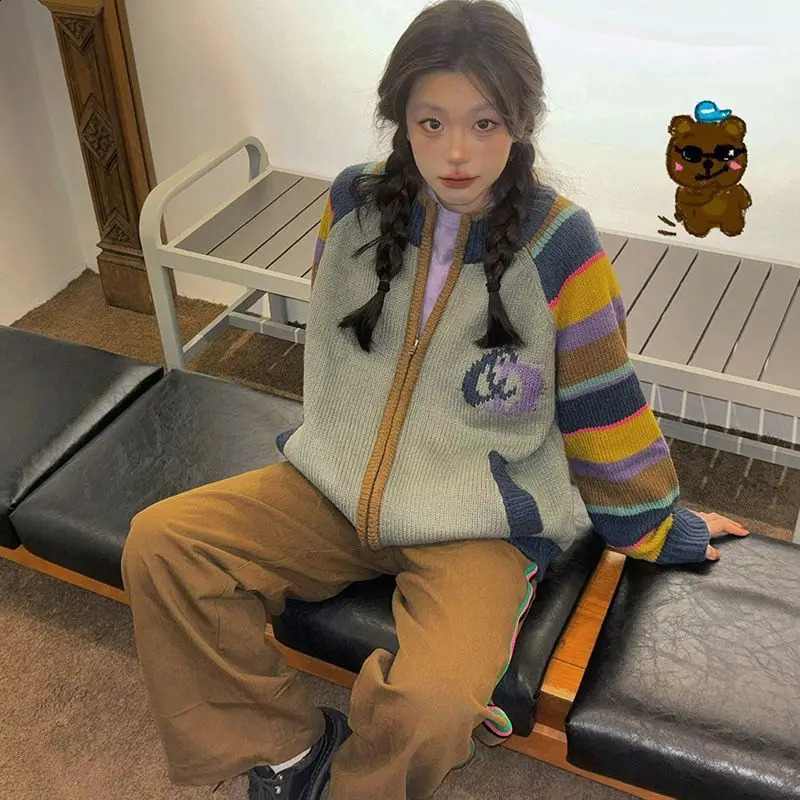 Rainbow Clashing Stripes Soft Sweater Women Winter Loose American Vintage Knitted Cardigan Jacket 240815