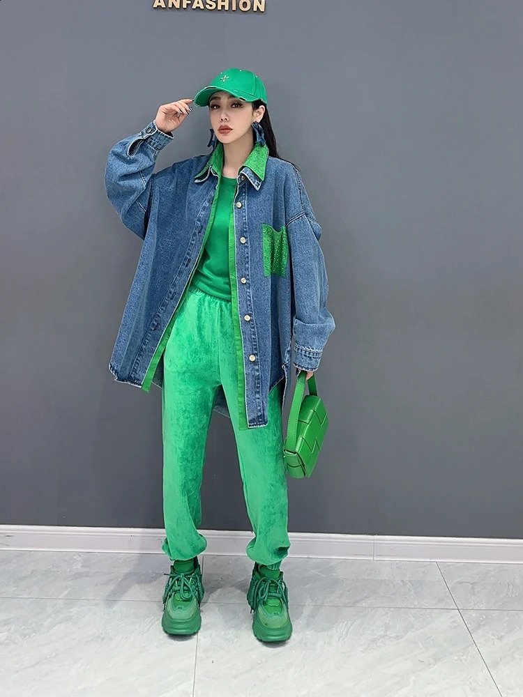 Vefadisa 2024 Autumn Green Women Patchwork Denim Jacket Lapel Long Sleeve Irregular Coat Temperament All Match Coat ZXY745A 240814