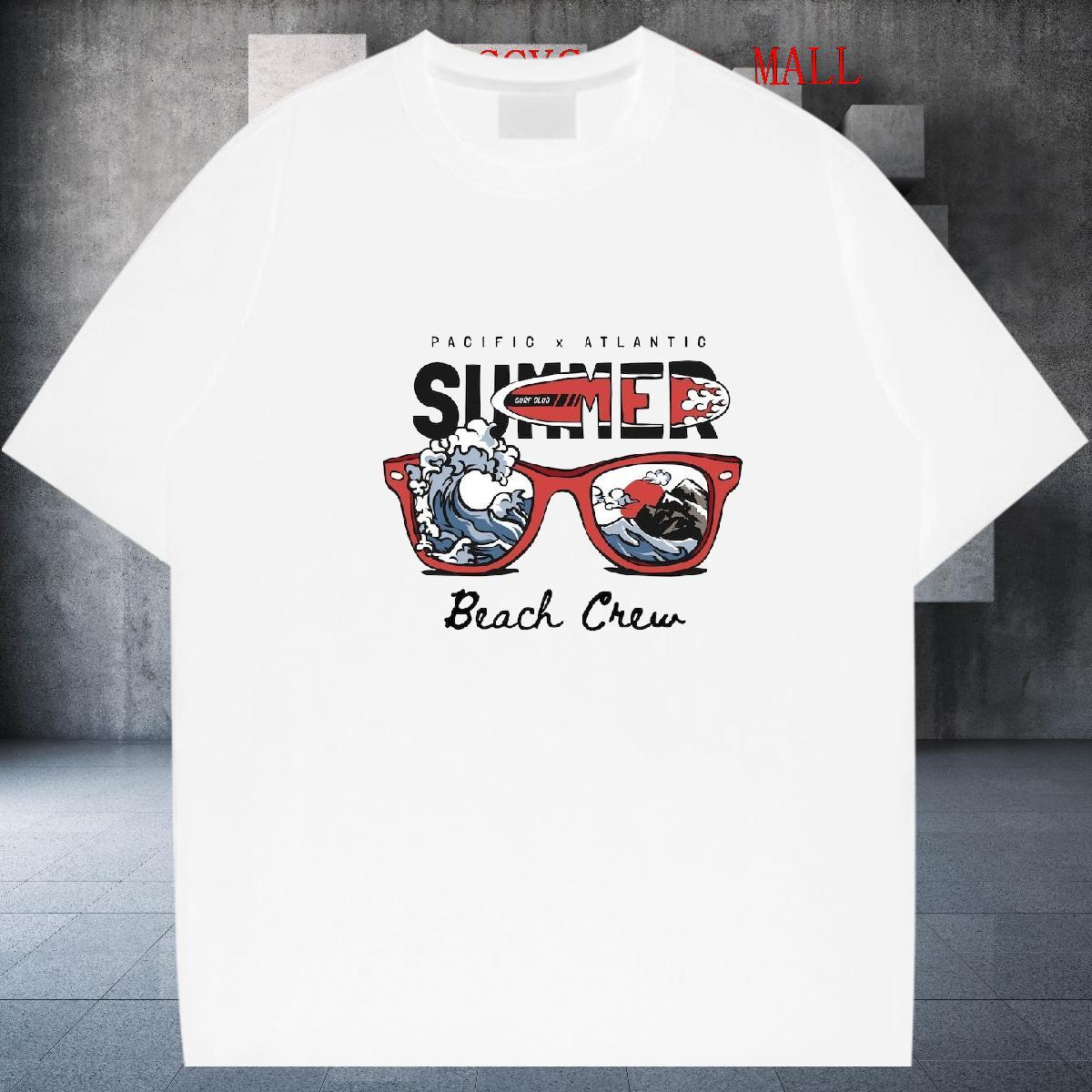 Loose Fit Men Tees High Street Hip Hop 230g Cotton White Plus Size Crew Neck sea wave T Shirts Men Customized Tops