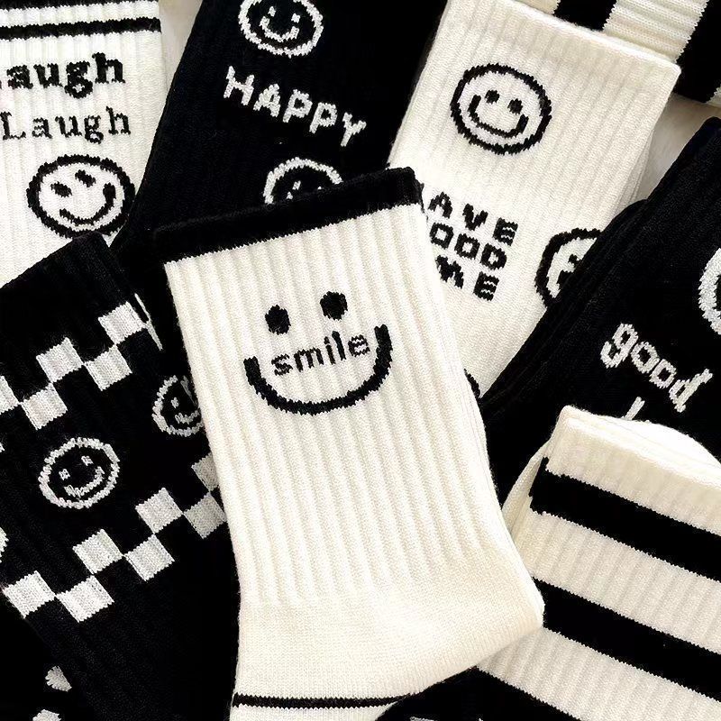 Stylish Mid-Thigh Black Tights for Kids with Whimsical White Smiley Design - Perfect Street College Style Accessory
