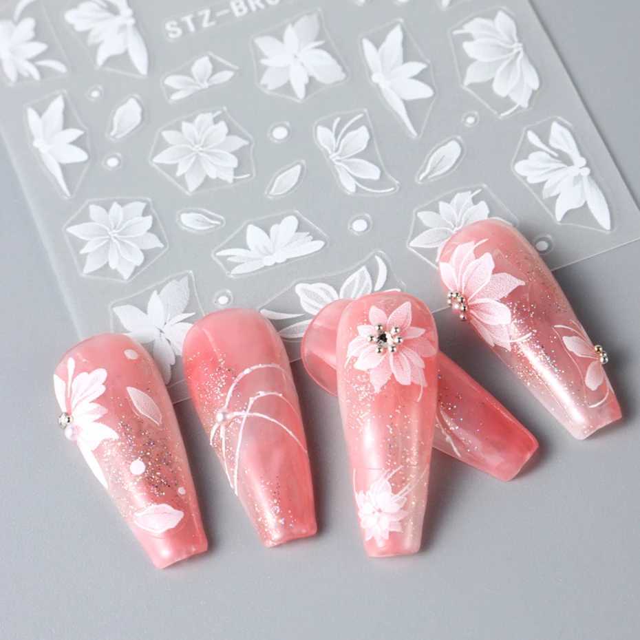 Acrylic Flowers Nails Art Stickers White Floral Petal Leaf Sliders For Nails Wedding Design Manicure DecorationXJ240814
