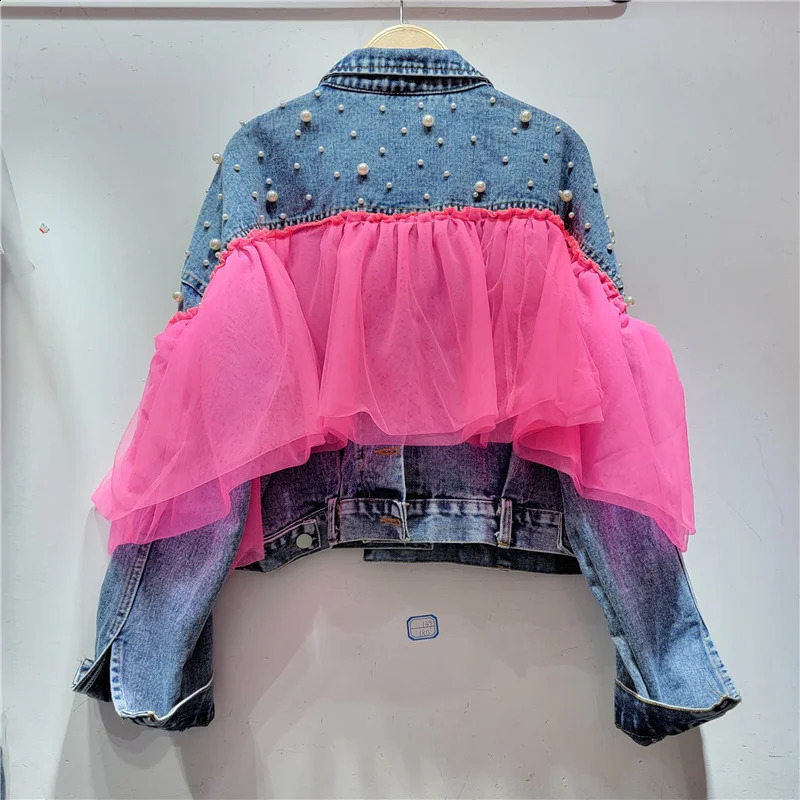 EWQ Mesh Spliced Pearl Denim Jacket For Women Long Sleeve Patchwork Contrast Jackets Coat 2024 Spring Summer Tops 16Y7008 240814