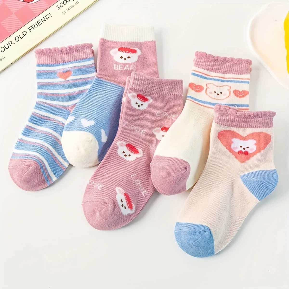 5 pairs of autumn and winter new childrens cotton socks girls mid tube lace striped sports socks W240814