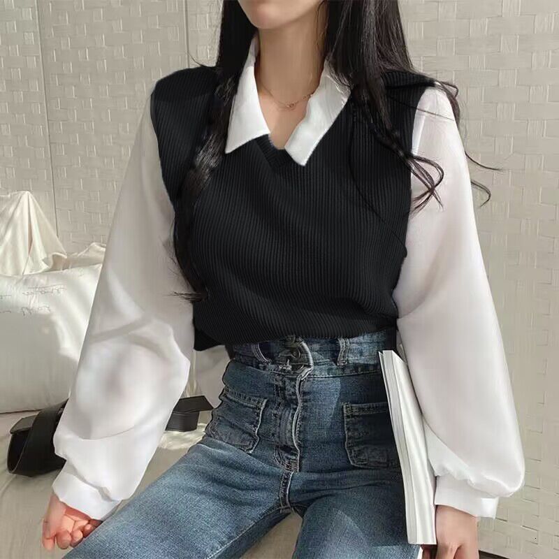2024 Large Fat mm Fake Two Piece T-shirt Women's Panel POLO Collar Long Sleeve Sweater Thread Loose Versatile Top dfa15 581b8