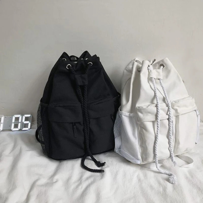 Drawsting Backpacks For Women Casual Canvas Lady Light Weight Students Shoulder Bag Large Capacity Travel Rucksack 240814