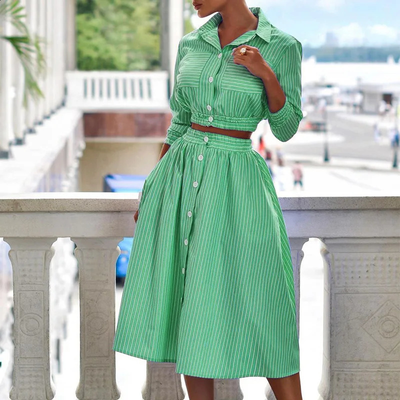 Elegant Turn-down Collar Button Blouse Skirts Suit Autumn Fashion Striped Print Two Piece Sets Casual 34 Sleeve Women Outfits 240810