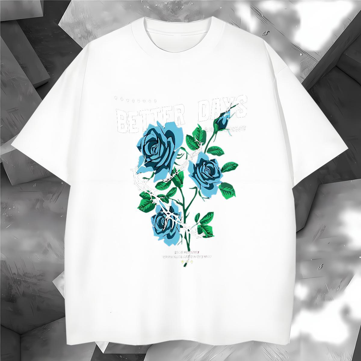 Brand ROSE Man T Shirts High Street Hip Hop Men Clothes T-Shirt 230g Pure Cotton Designer Fashion O Neck Short Sleeves Cartoon Printing L-4XL Polos