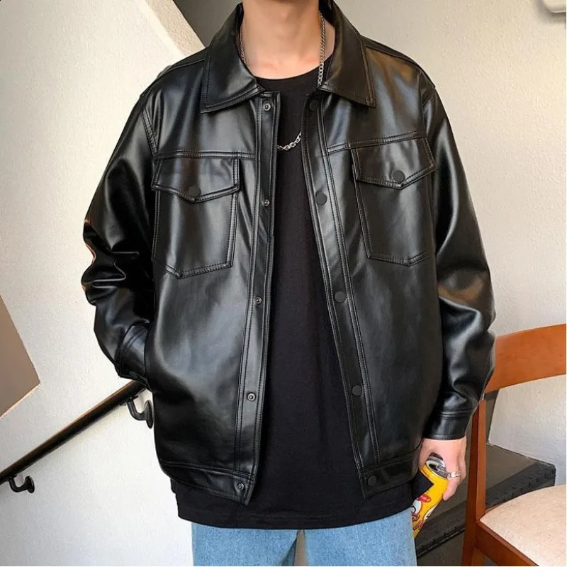 Autumn and Winter Mens Solid Polo Neck Button Pocket Loose Long Sleeve Leather Cardigan Jacket Fashion Casual Coat 240814