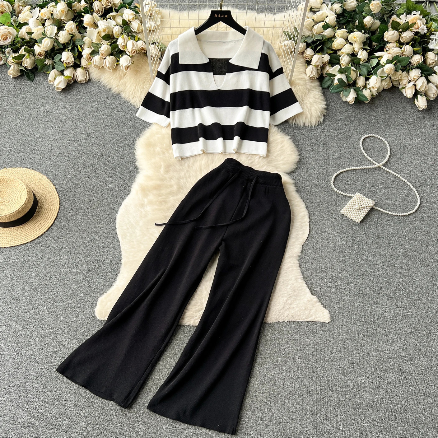 Women Sweater Pant Set Casual Pullovers Suits Autumn Winter Knitted Loose Long Sleeve Striped Elegance Tops Elastic Sweaterpants y240829 - view 3