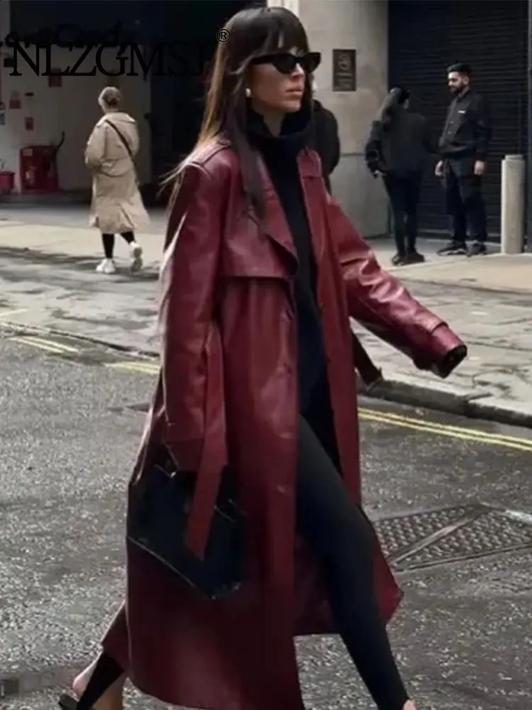 TRAF Womens Style with Long Single Chest Artificial Leather Jacket Retro Sleeve Pocket 240814