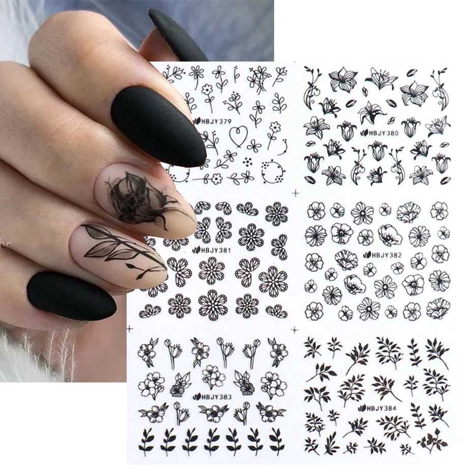 12PCS / Set Black Nail Stickers Flower Leaf Necklace 3D Sliders Decal Gel Polish Sticker DIY Design Manicure TipsXJ240814