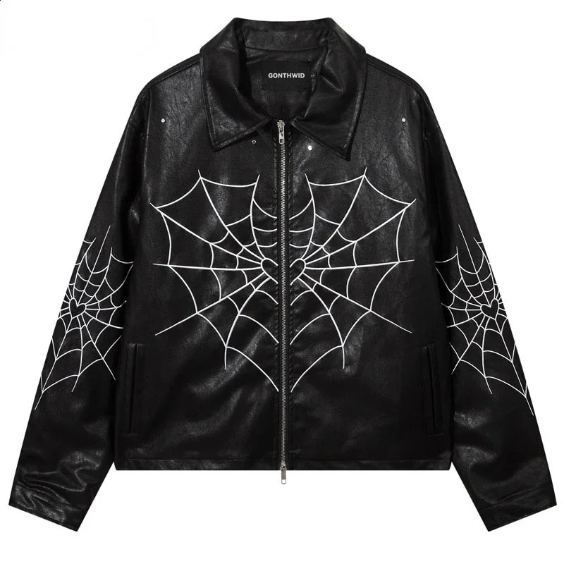 Black Leather Jacket Y2K Streetwear Hip Hop Embroidery Heart Spider Web Zipper Short Faux PU Coat Fashion Motorcycle Jacket 240809