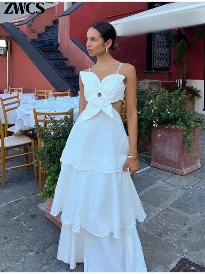 Elegant 3D Flower Ruffles Sling Dresses Women Sexy Hollow-out Pleated Sleeveless Backless Midi Dress 2024 Summer Lady Cake Robes 240814