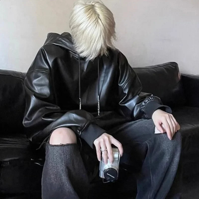 Pu Racing Hooded Jacket Mens Spring Autumn Loose Locomotive Leather Jackets Solid Color Long Sleeves Pockets Hoodies Tops 240814