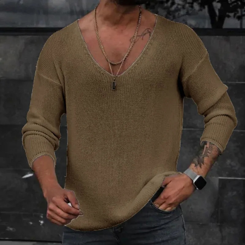 Men Spring V Neck Rib Bottoming T-shirts Pullover Autumn Long Sleeve Slim Fit Tees Tops Simple Casual Plain Thin Knit Shirt 240814