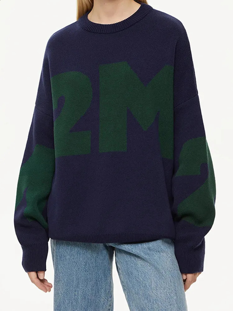Autumn Winter Letter Print Knitted Pullover Womens Casual Long Sleeves Loose Sweater Ladies Fashion High Street Jumper 240812