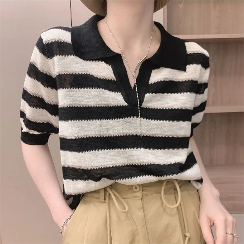 Korean Style Commuting Leisure Slimming Leisure Knitted Short Sleeve Polo Neck Contrast Striped Womens T-shirt Top 240827