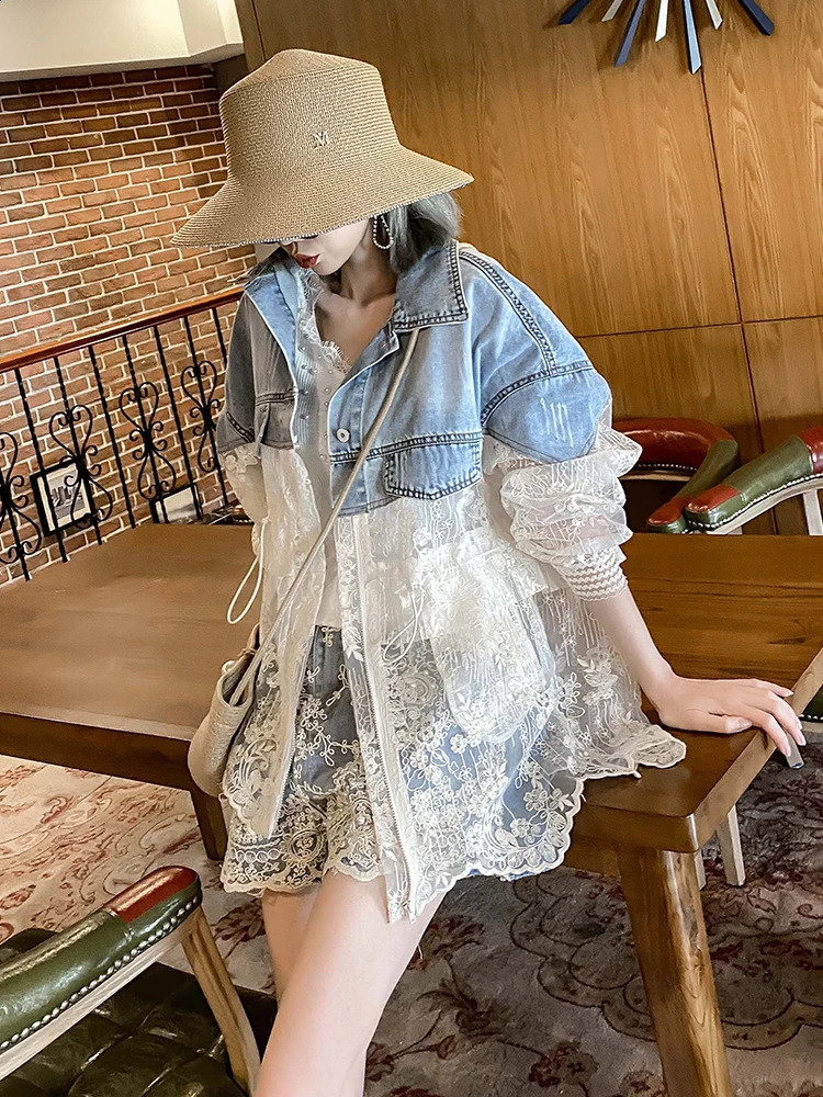 Denim Patchwork Jacket For Women In The Summer Sun Proof Thin European Fashion Trend Womens Denim Jacket Swimwear 240814