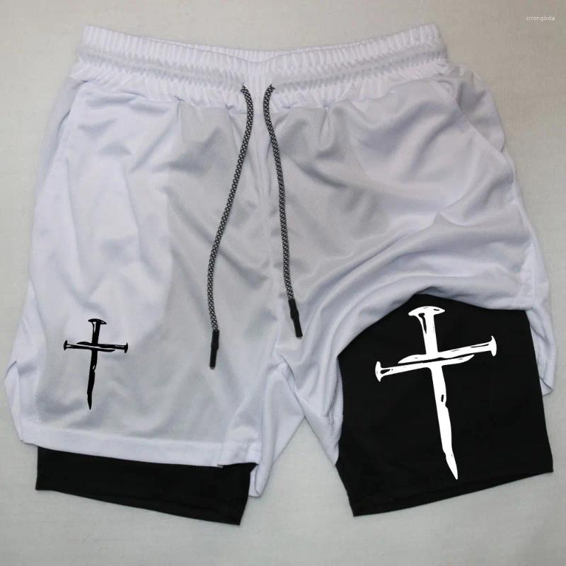 Mens Shorts Cross Print 2 In 1 Compreesion For Men Gym Workout Running Athletic Performance With Pockets Activewear