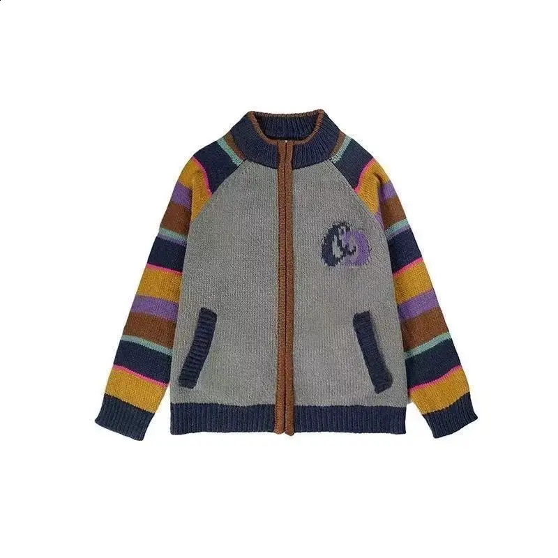 Rainbow Clashing Stripes Soft Sweater Women Winter Loose American Vintage Knitted Cardigan Jacket 240815